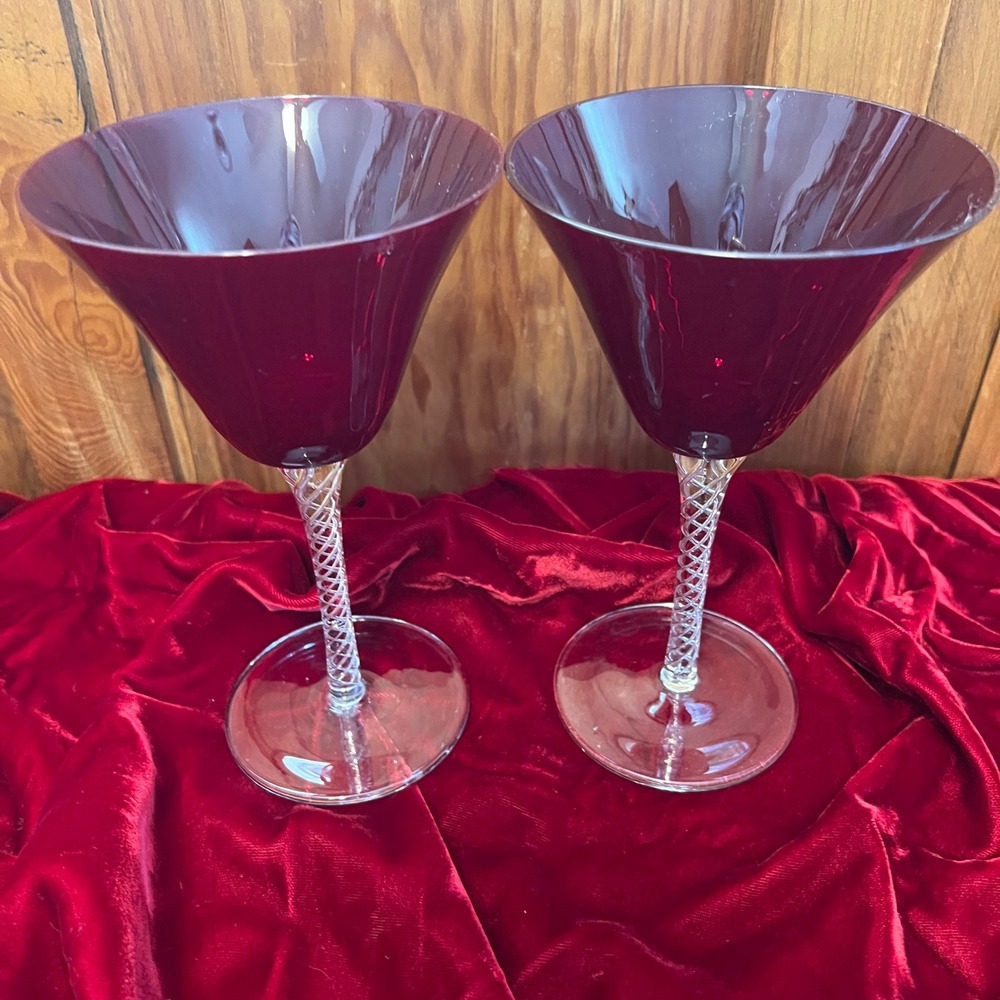 Vintage Cranberry Red Martini Glasses with Clear Air Twist Stems‎ Set of 2